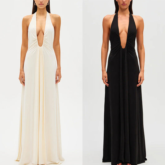 European And American Solid Color Sexy See-through Low Cut Sleeveless Hot Girl Dress Women