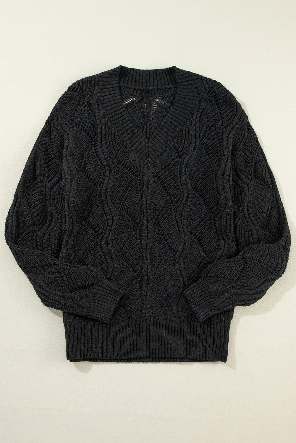 Black Hollow Out Knit V-neck Drop Shoulder Sweater
