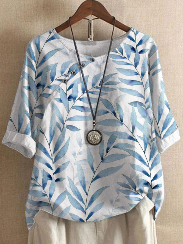 Long Sleeve Round Neck Pullover Three Quarter Sleeve Womens Printed T Shirt