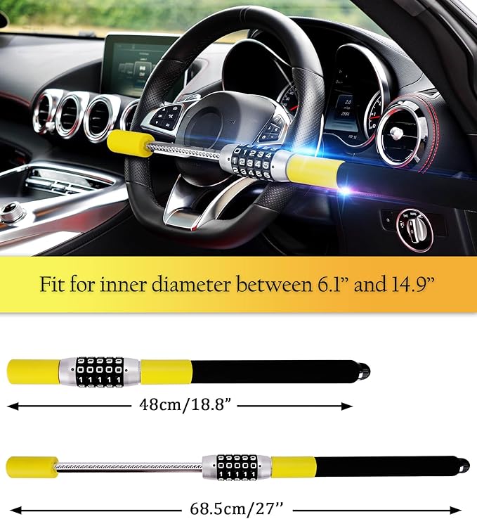 Tevlaphee Steering Wheel Lock, Car Lock Anti Theft Keyless Extendable Retractable Password 5 Coded Combination Lock, Heavy Duty Universal Fit (Yellow)