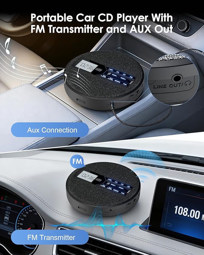 Portable CD Player with FM Transmitter for Car, Rechargeable Small CD Player Portable with Bluetooth & Dual Stereo Speakers for Home, Anti-Skip, Resume Playback, AUX/USB, Headphones