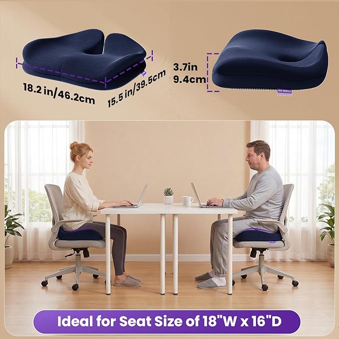 ZZ-WELL Seat Cushions for Office Chairs - Coccyx Cushion for Tailbone Pain Pressure Relief - Memory Foam Butt Pillows for Sitting, Wheelchair, Car Seat- Carry Handle & Non Slip Bottom (Navy Blue)