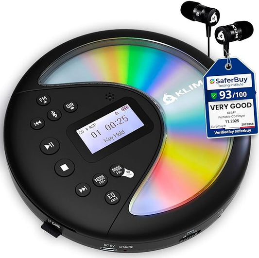 KLIM Discover - Portable CD Player with Long-Lasting Battery - New - with Headphones - Radio FM - Compatible MP3 CD Player Portable - SD Card, FM Transmitter, Bluetooth - Ideal for Cars