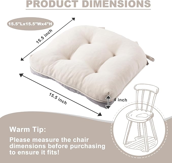 Battilo Chair Cushions Set of 4 for Dining Chairs, Seat Cushions for Kitchen Chairs with Non-Slip Backing, Indoor/Outdoor Waterproof Chair Seat Pads with Ties, 15.5"x15.5"x4", Beige