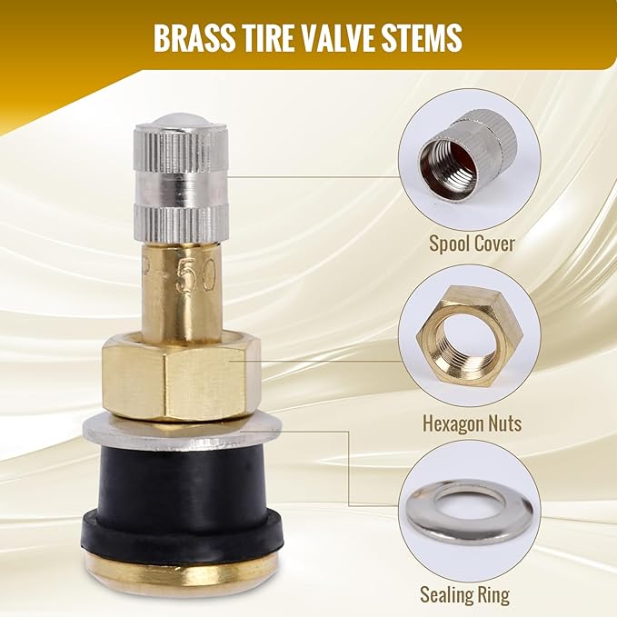 10 Piece TR501 Brass Valve Stems for Commercial Vehicles. Fits 0.748" Valve Hole Dia, Length 1.65'', Brass Colour