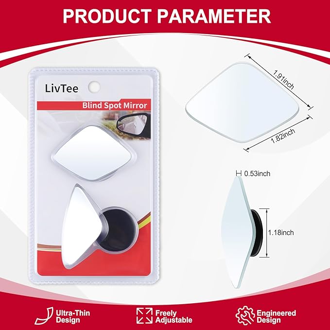 LivTee Blind Spot Mirror，Rhombus Shaped HD Glass Frameless Convex Rear View Mirror with wide angle Adjustable Stick for Cars SUV and Trucks, Pack of 2