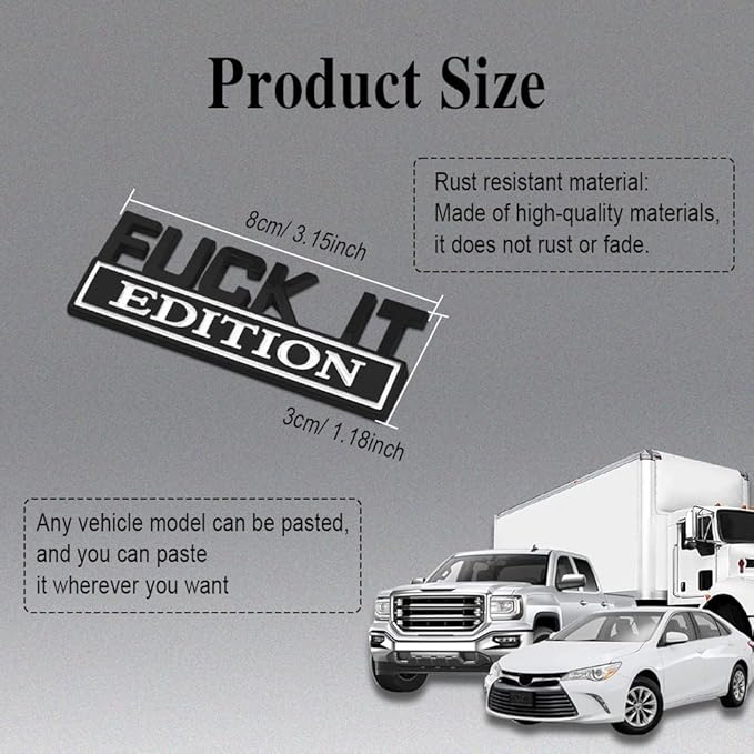 Fuck IT Edition Emblem, Car Exterior Emblems Badge 3D Sticker Decal, Fuck-IT Edition Emblem 3D Fender Badge Decal, 3D Fender Badge Decal Car Truck Replacement, Fit for All Cars (Black White 1)
