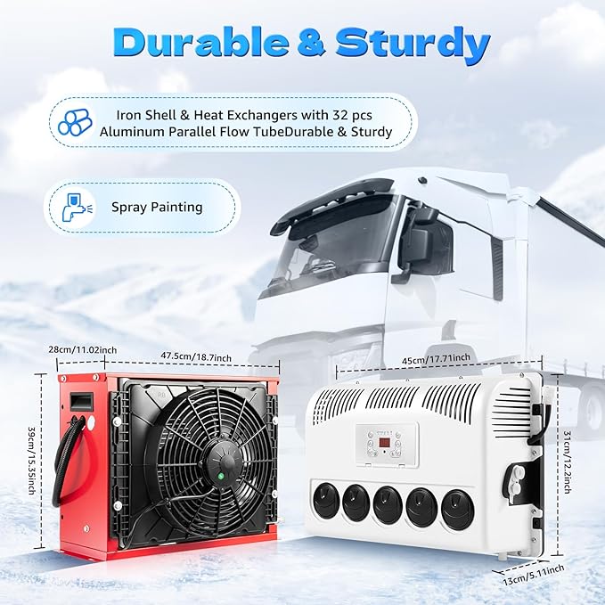 12V 11000 BTU Split Truck Cab Air Conditioner, Heavy Duty AC Unit with Remote Control for Semi Trucks, Buses, RVs, Caravans, Commercial Vehicles – 400-600W, R134A, Red/White