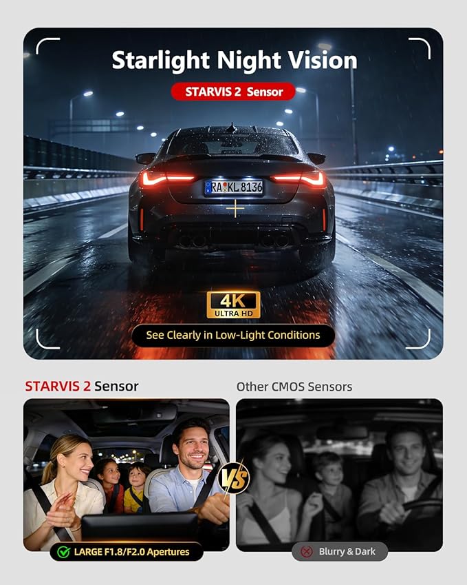 3 Channel Dash Cam Front and Rear, 4K Dash Camera for Cars STARVIS 2 HDR Night Vision, 24H Parking Mode, 64GB Card Included, Dashcam Built-in 5.8GHz WiFi GPS,170°Wide Angle, G-Sensor Emergency Lock