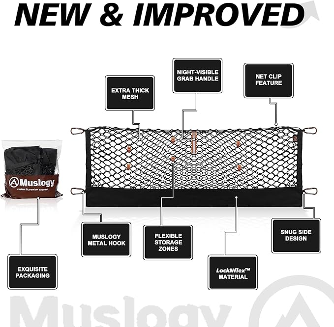 Muslogy Truck Bed Cargo Net Trunk Netting Compatible with Jeep Gladiator 2020-2025 2026 JT Accessories, Pickup Cargo Organizer SUV Sedan Storage Net w/Heavy Duty Carabiners