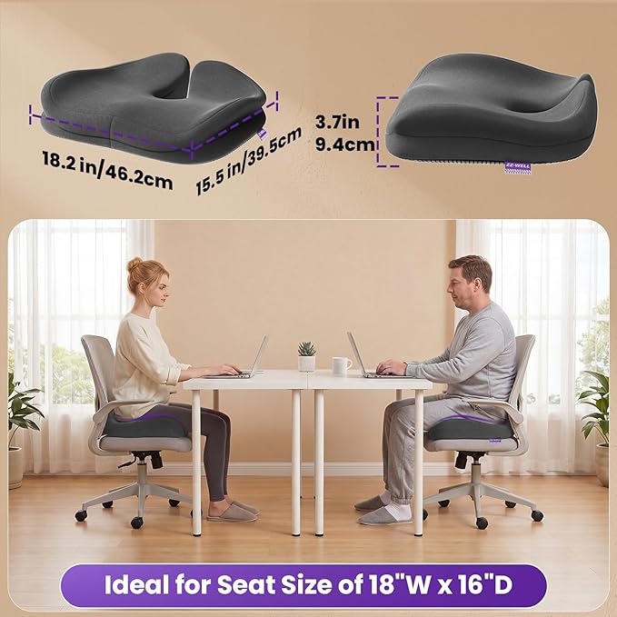 ZZ-WELL Seat Cushions for Office Chairs, Car Seat - Patented Coccyx Cushion for Tailbone Pain - Memory Foam Butt Cushion for Pressure Relief - Carry Handle & Non Slip Bottom (Grey)