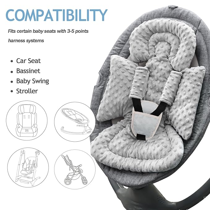Infant Car Seat Insert Boy Girl, 3 in 1 Newborn Carseat Insert with Strap Pads, Car Seat Head Support for Baby Strollers, Swings, and Bouncers, Comfortable and Machine Washable, Grey