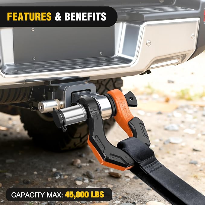 Nilight 2 Pack 3/4" D-Ring Separate Shackle with 7/8" Lock Pin 45,000 lbs Break Strength, Off Road Recovery Shackle with Isolators Washers for Use with Tow Strap, Winch, Truck Vehicle (Black&Orange)