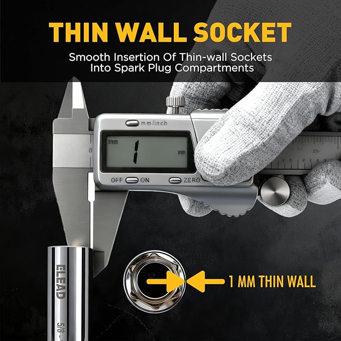 ELEAD 5/8" Swivel Magnetic Spark Plug Socket, 3/8" Drive x 12" Total Length, Thin Wall Spark Plug Removal Tool, 360 Degree Swivel, Enhanced Magnetic, 6-Point Design, Cr-V Steel
