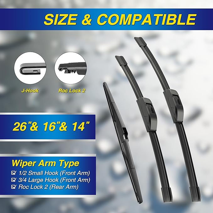 5 PLUS® Silicone Windshield Wipers Replacement for 2016-2020 Hyundai Tucson/ 2007-2012 Mazda CX-7 Wiper Blades(Set of 3), Windshield Wiper Blades For My Car-26"/16"/14"