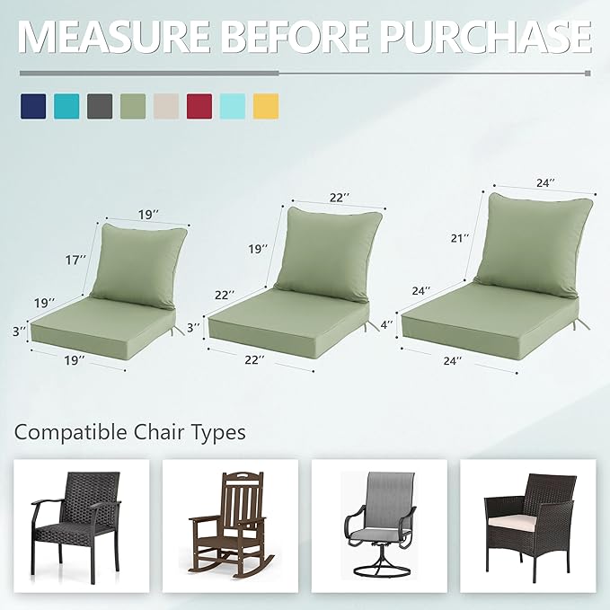 24x24 Inch Outdoor Chair Cushions Set of 2, Patio Furniture Cushions - Removable Cover, Water-Repellent, Fade-Resistant, Non-Slip Bottom & Straps, Replacement for Deep Seat Sofa & Couch - Sage Green