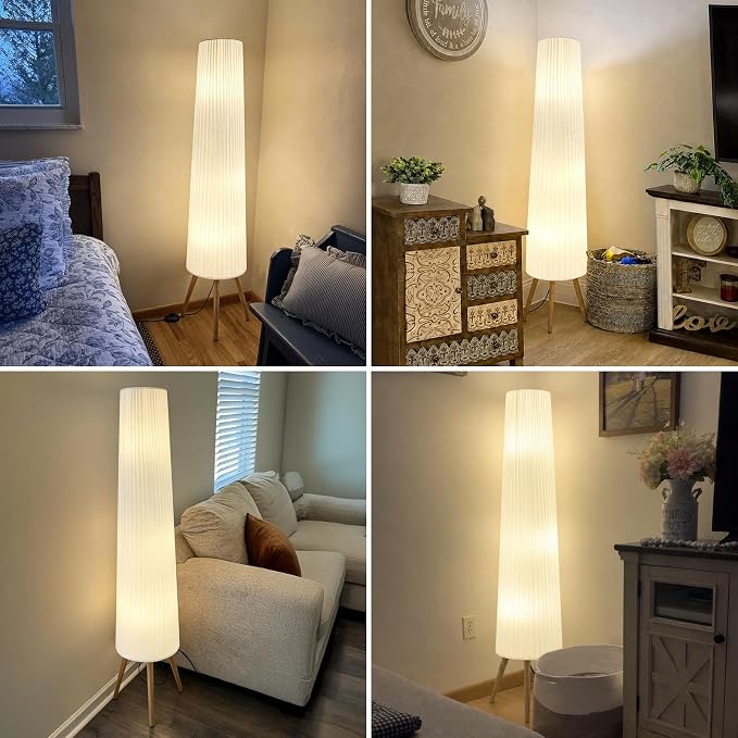 GyroVu 60 Inch Wood Floor Lamp, White Cloth Shade, Color Temperature Adjustable Softlighting Corner Lamp, 3 Bulbs Standing Lamp, Creative Ambient Light for Living Room Bedroom&Office-Bulbs Included