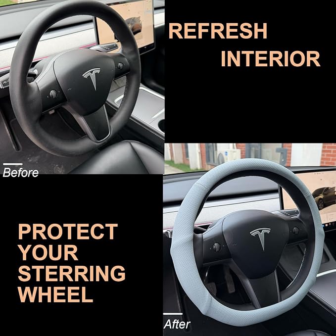 PINCTROT Supported Grip Nappa Leather Steering Wheel Cover for Tesla Model Y/3 Highland/Juniper, D Shaped 14 Inch Small Sized with Breathable Perforation, Flat Bottom 14 Inch(Ice Blue)