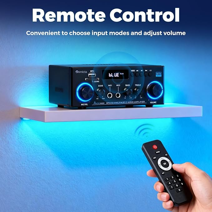 Romicta AK50MAX Stereo Audio Amplifier, Home Audio Stereo Receiver Bluetooth 5.0 with 400W 2.0 Channel FM Radio, Echo, USB, SD Card, AUX with Remote Control Home Theater Audio Stereo System