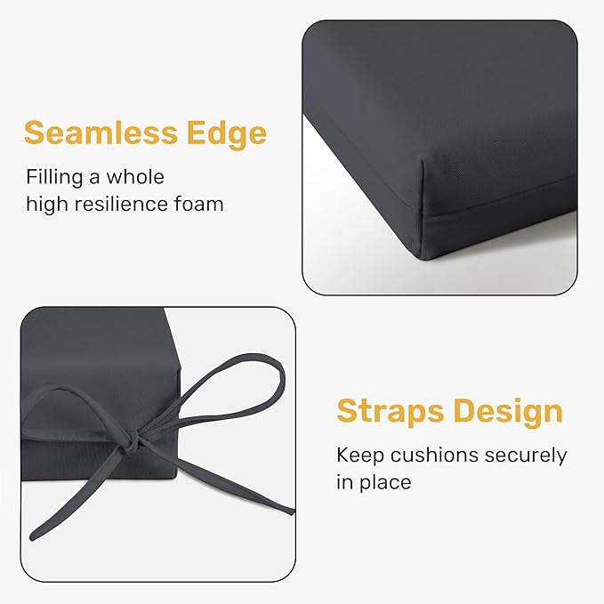 UNIKOME Outdoor Chair Cushions Pack of 4, Water Resistant Patio Cushions with Ties, High Density Sponge Filling Square Corner Seat Cushions for Outdoor Furniture, 24"*24"*4", Grey