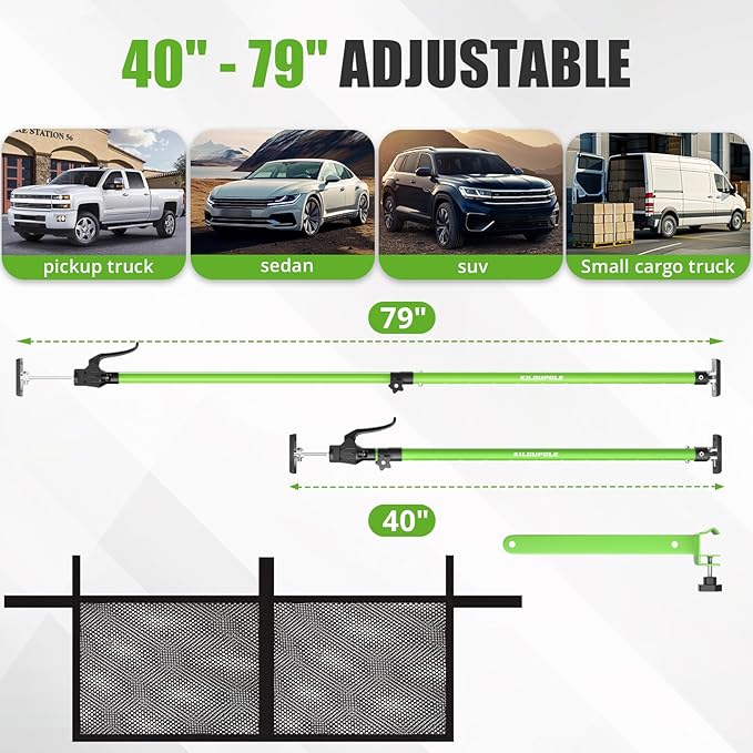 KILOUPOLE Adjustable Cargo Bars, 40" to 79" Non-Slip Truck Bed Divider, Cargo Bar for Pickup Truck Bed Cargo Bars for SUVs, Trailers, Vans, with Cargo Net Organizer and Divider Bar, 1-Pack