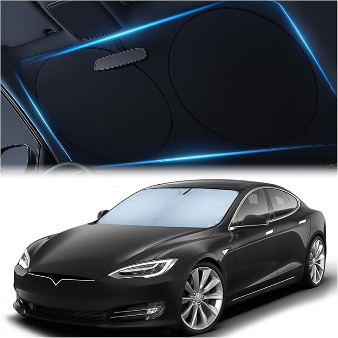 Magnelex Tesla Windshield Sun Shade for Model S 2012-2026 - Reflective Polyester Blocks Heat & Sun, Foldable Car Window Sun Blocker, Mirror Cut-Out, Fade-Resistant Sunshade, Tesla S Accessories