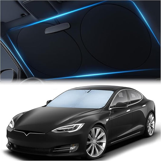 Magnelex Tesla Windshield Sun Shade for Model S 2012-2026 - Reflective Polyester Blocks Heat & Sun, Foldable Car Window Sun Blocker, Mirror Cut-Out, Fade-Resistant Sunshade, Tesla S Accessories