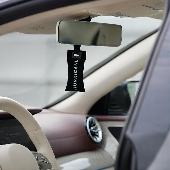 HURRICANE Car Air Freshener Black – Long Lasting, Natural Luxury Scent, Hanging, Leather & Oak Moss Fragrance, Accessories, Automotive Refresher, Refillable Car Perfume Spray for Men and Women