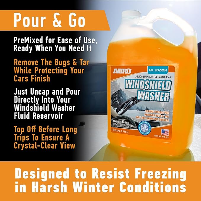 ABRO Car Windshield Washer Fluid: 1 Gallon, All Season/Weather Vehicle Window Cleaner | Streak-Free Clean | Bug and Tar Remover for Cars - 2 Pack
