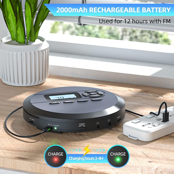 DESOBRY CD Player Portable with Speakers & FM Transmitter, Rechargeable Compact CD Player for Car Built-in 2000mAh Battery, LCD Screen, Earphones, AUX Cord