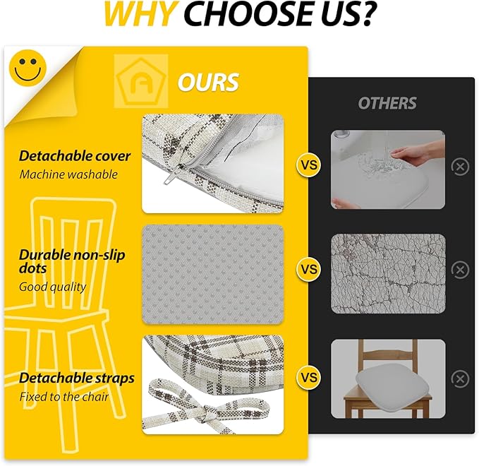 AAAAAcessories D-Shaped Chair Cushions, 2" Thick Dining Chair Pads with Ties and Removable, Machine-Washable Cover, 17" x 16", Set of 8, Yellow Checkered