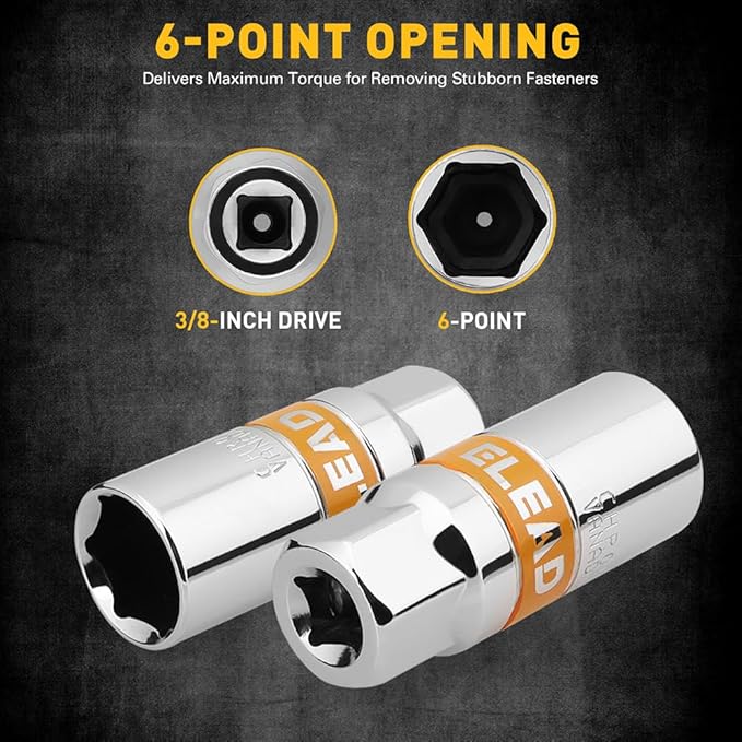ELEAD 6-Piece 3/8" Drive Spark Plug Socket Set with Spark Plug Gapper, SAE & Metric, 5/8", 3/4", 13/16", 14mm, 18mm, CR-V Sockets with Rubber Holding Rings