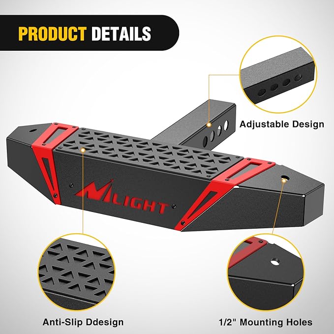 Nilight Hitch Step with Whip Mount Holes 2" Receiver Upgraded Textured Black Anti-Slip Step Bar Rear Bumper Guard Protector Includes Hitch Lock & U-Bolts Universal Fit for Trucks SUV Car Van