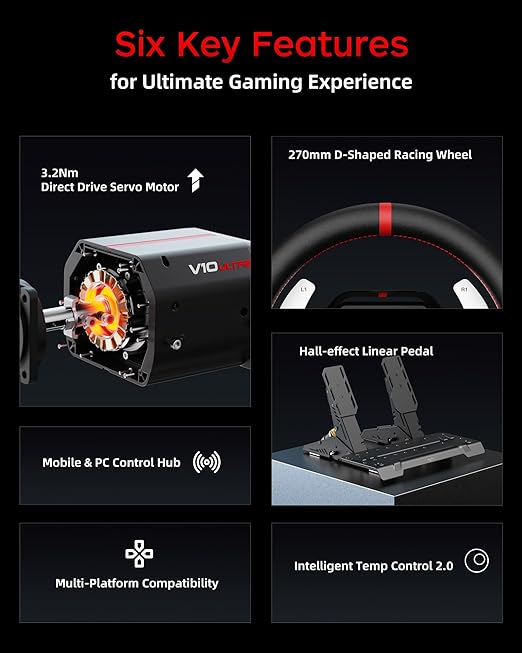 PXN V10 Ultra Direct Drive Gaming Steering Wheel for PC, PS4, Xbox – 3.2Nm Force Feedback, Servo Motor, 4 Paddle Shifters, Hall Pedals – Sim Racing Wheel for Driving Simulators and Racing Games