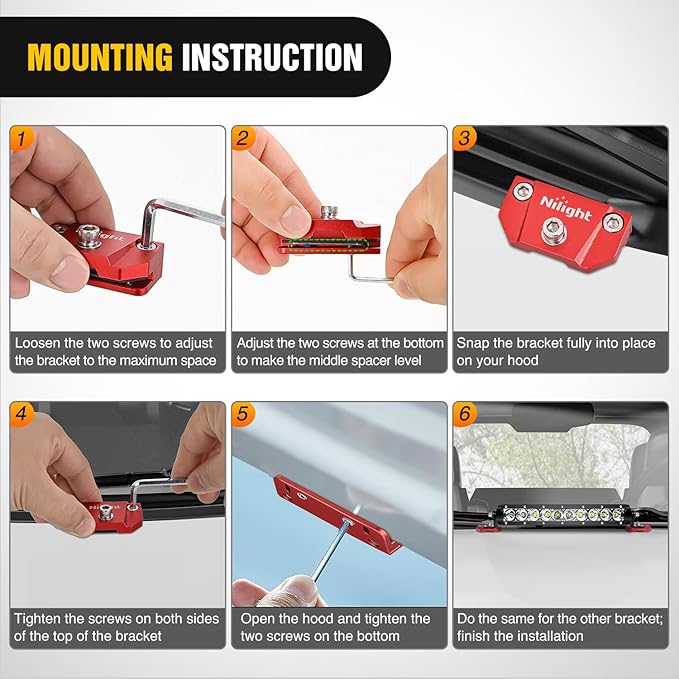 Nilight LED Light Bar Mounting Bracket 2PCS Universal Adjustable Pillar Hood Fog Pods Work Lamp No Drilling Aluminum Mount Clamp Holder for Truck SUV Pickup Van 4x4 Off-Road, Red