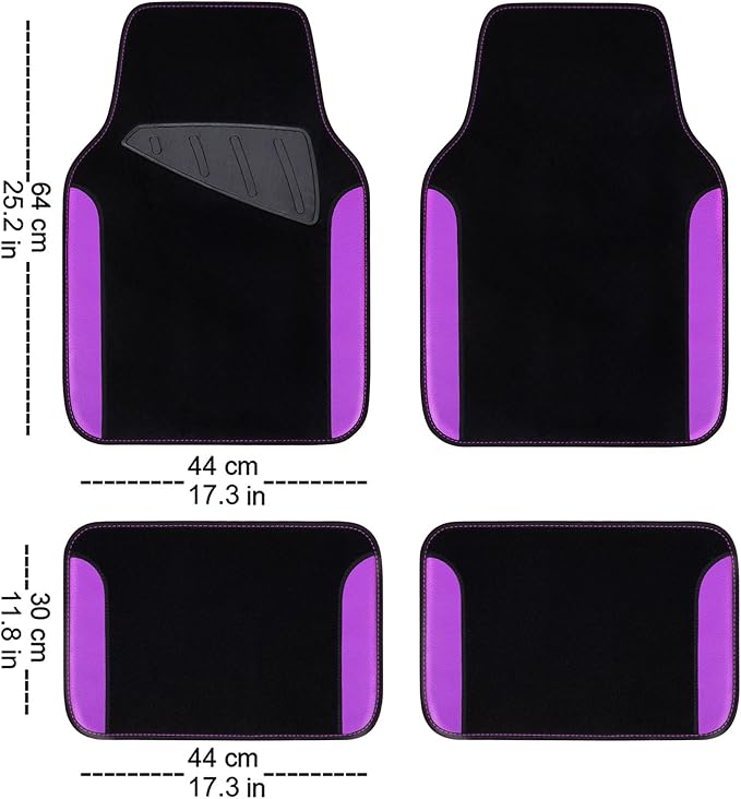 CAR PASS Waterproof Universal Fit Car Floor Mats, Faux Leather Car Carpet Mats with Anti-Slip Nibbs Backing & Driver Heel Pad Fit for SUV,Vans,sedans, Trucks,Set of 4pcs for Women (Black with Purple)