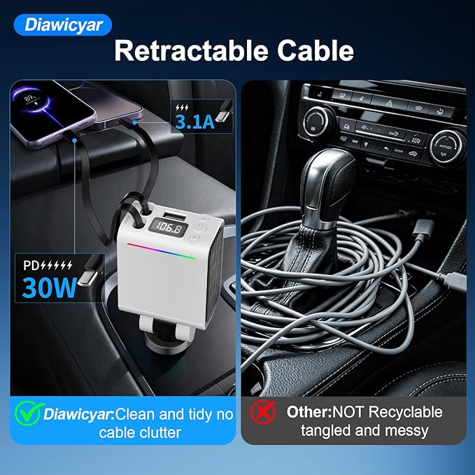 FM Transmitter Bluetooth Car Adapter - 45W Retractable Car Charger [PD 30W & QC3.0] Wireless Radio FM Bluetooth Transmitter for Old Cars, Hands-Free Calling, White