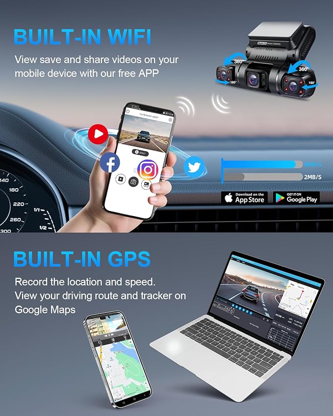 PRUVEEO 360° 4 Channel Dash Cam Front and Rear Inside Left Right, Dash Camera for Cars, Built-in GPS WiFi Night Vision, 24/7 Recording Parking Mode Monitor, 128G Card Included