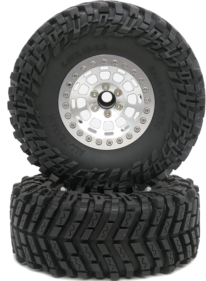 HOBBYSOUL 2.2 Tires Height 5.0'' (with Foam) & 2.2 Beadlock Wheels Silver for RC Mud Crawler Trail Gen8 Everest gen 7 Pro/Axial Capra Wraith / TRX4, (4-Pack, Assembled)
