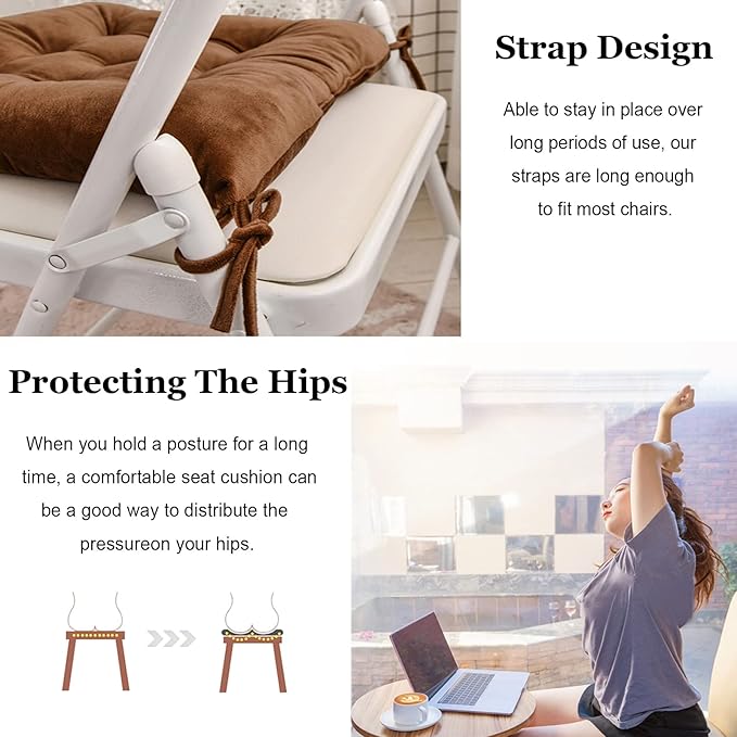 Set of 4 Square Chair Pads Indoor Seat Cushions Pillows with Ties Soft Comfortable Non Slip Chair Mat for Kitchen Dining Office Desk Living Room Outdoor Tatami 15.5" - Coffee