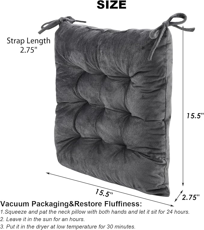 2 Pack Square Seat Cushion Chair Pads for Kitchen Dining Chairs, Soft Comfort Velvet Chair Mat Pillow Cushions with Ties for Office Desk Living Room Tatami 15.5", Dark Gray
