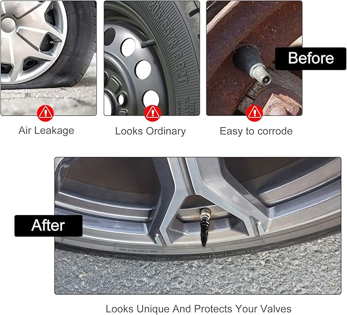 SINGARO 60mm Spiked Valve Caps,Aluminum Alloy Dustproof and Waterproof Tire Valve Stem Caps, Suitable for Cars, Trucks and Motorcycles (4PCS Black)