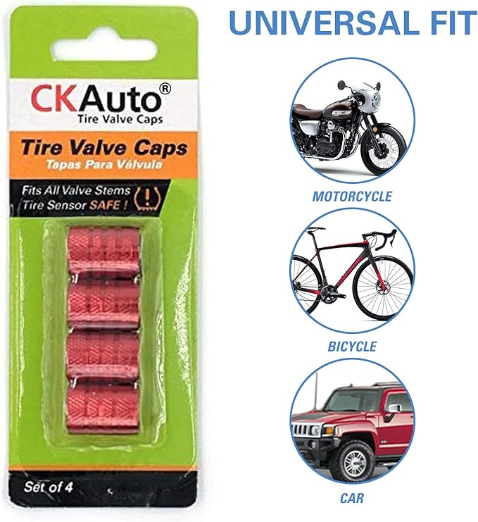 CKAuto Tire Valve Stem Caps, Red, 4 pcs/Pack, Anodized Aluminum Tire Valve Cap Set, Corrosion Resistant, Universal Stem Covers for Cars Trucks Motorcycles SUVs and Bikes