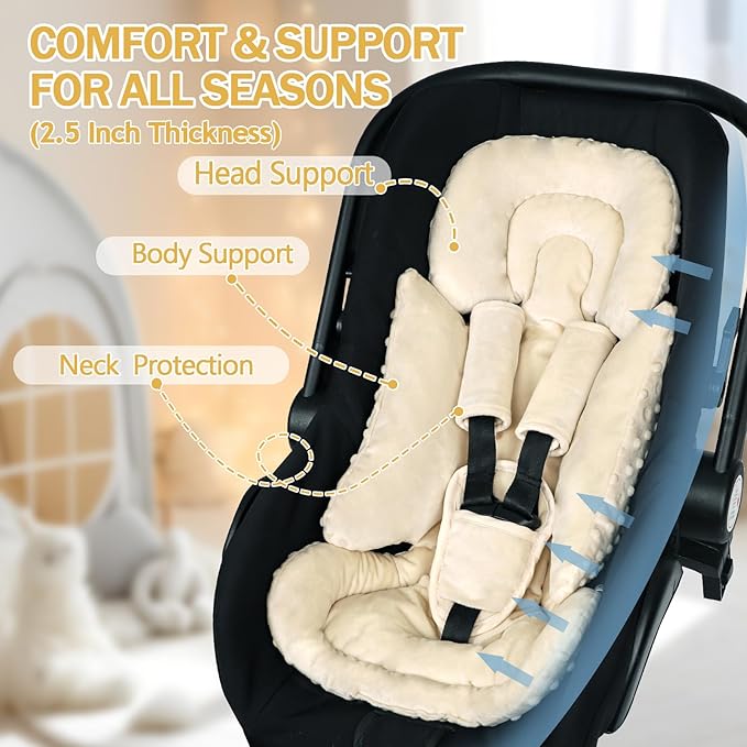 Infant Car Seat Insert Boy Girl, 3 in 1 Newborn Carseat Insert with Strap Pads, Car Seat Head Support for Baby Strollers, Swings, and Bouncers, Comfortable and Machine Washable, Beige