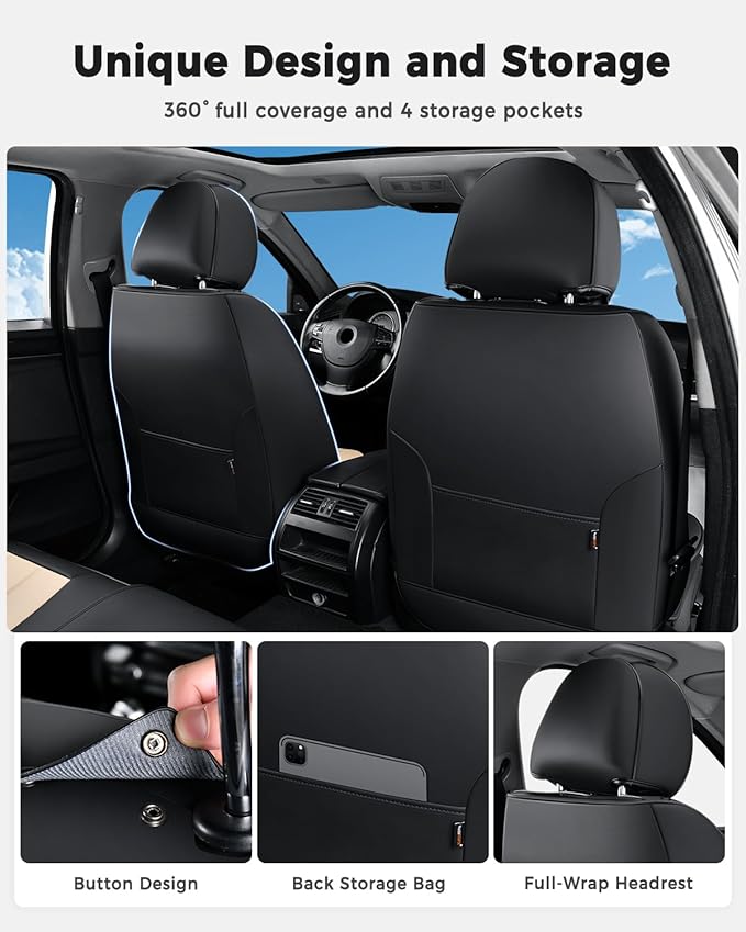 Huidasource Seat Covers Full Set, Universal Fit for Most Cars SUV Trucks, Full Coverage Leather Seat Cover, Airbag, Cupholder Compatible, Seat Function Retain, Easy Install with Velcro, Black & Beige