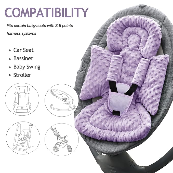 Infant Car Seat Insert Boy Girl, 3 in 1 Newborn Carseat Insert with Strap Pads, Car Seat Head Support for Baby Strollers, Swings, and Bouncers, Comfortable and Machine Washable, Purple