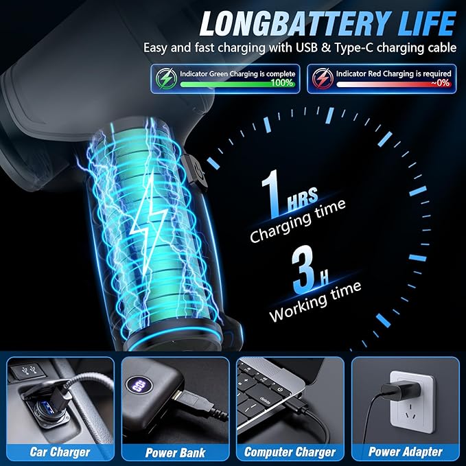 Handheld Car Vacuum Cleaner Cordless 15000Pa Wet/Dry 120W High Power with Complete Accessory Kit for Cars, Pet Hair, Home & Office Black