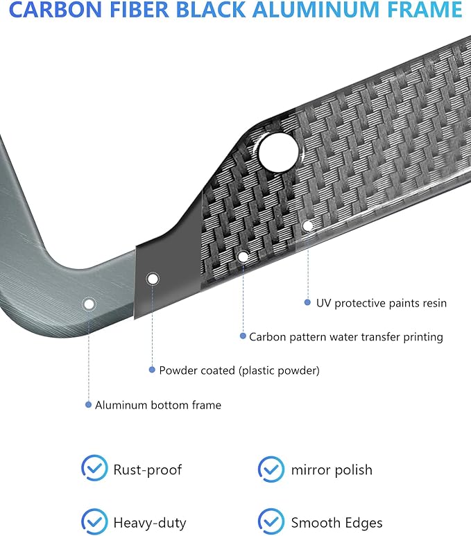 Carbon Fiber License Plate Frames- Black Carbon Pattern Aluminum Front & Rear Car Tag Holder Cover 2 Pack with Mount Hardware, Screws, Caps, Handlebar Stickers