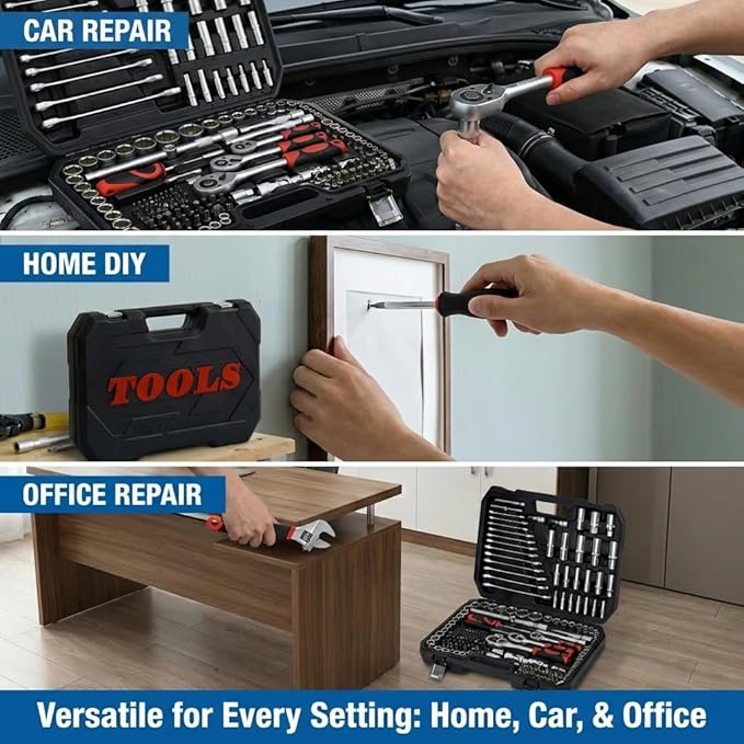 216 Piece Mechanics Tool Set, Heavy Duty Socket and Ratchet Wrench Toolbox Combo Kit, 1/4", 3/8" & 1/2" Drive Hand Tools for Auto Repair and Home Maintenance, Gifts for Men，Black