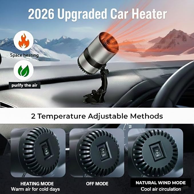 Portable Car Heater, 12V Car Heater for Vehicle, Plugs into Cigarette Lighter, Windshield Defroster&Defogger, 2-in-1 Fast Heating & Cooling Fan, Suction Holder, 2026 Upgraded Air Purified&Fuse Safety